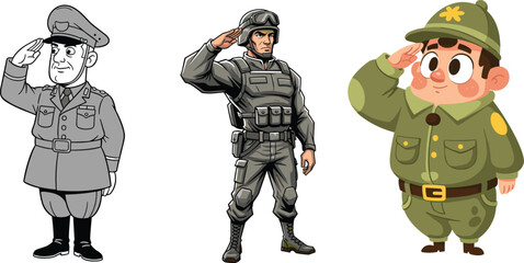 Three soldiers saluting, military cartoon characters, army uniforms, different styles, black and white, realistic and cute, diverse soldier illustrations