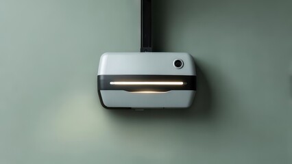 Fototapeta premium A minimalist, rectangular device with a glowing light strip is mounted on a sage green wall, suggesting a futuristic or technological application