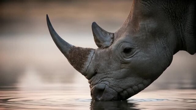 Close-up profile of a majestic white rhino drinking water