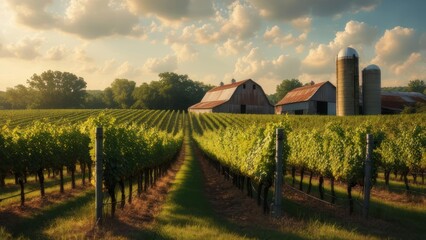 Obraz premium Vineyard rows at sunset, old barns in background