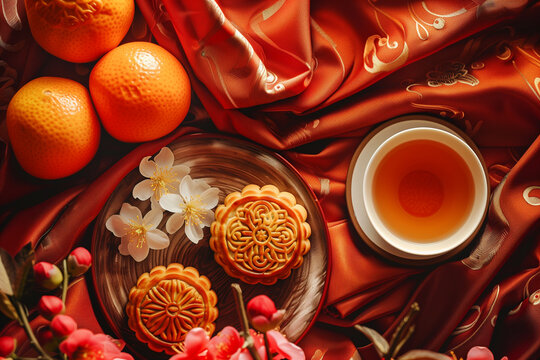 Mid-Autumn Festival Delicacies Spread: Mooncakes, Pomelo, Osmanthus, and Tea in Golden Hour Glow, Festive and Cultural Table Setting for Food Blogging Aesthetics.