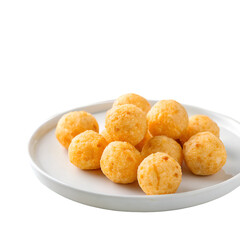 Cheese ball or cheesy puffs on white plate isolated on white background
