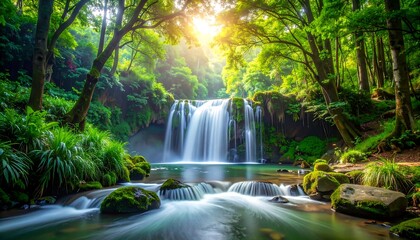 Fototapeta premium A serene waterfall cascades into a crystal-clear pool, surrounded by lush, vibrant green foliage, bathed in sunlight