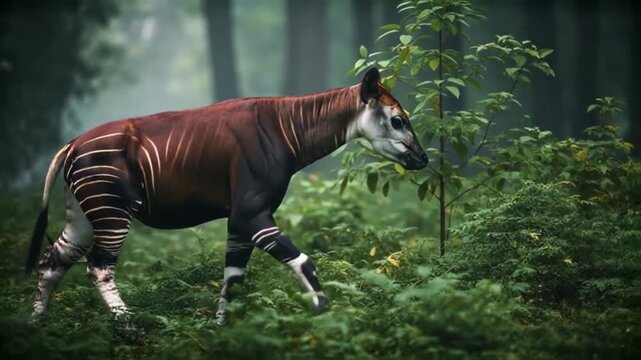 Okapi Standing in Lush Green Forest Habitat