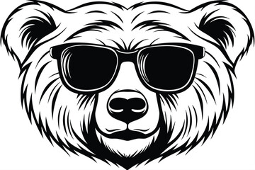 Cool monochrome bear face sporting stylish sunglasses showcases strong black lines and furry details