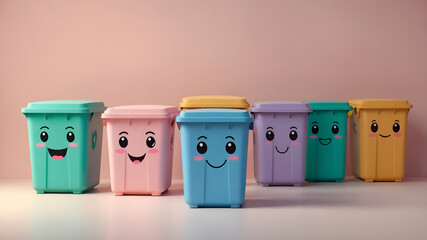 Cute 3D kawaii recycling bins with pastel colors and minimal style, eco-friendly design, isolated background, perfect for sustainability and green living stock images.
