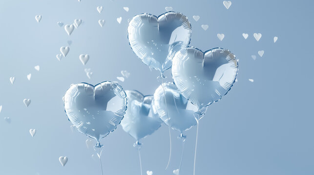 Blue metallic heart balloons floating on a light blue background with soft sparkles, symbolizing romance, love, and dreamy celebrations.