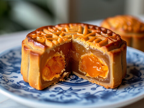 Traditional Chinese Mooncake with Lotus Seed Paste and Salted Egg Yolk, quartered on Blue and White Porcelain, Soft Window Lighting