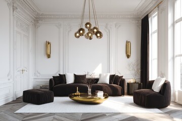 Luxurious living room with dark brown furniture and gold accents.