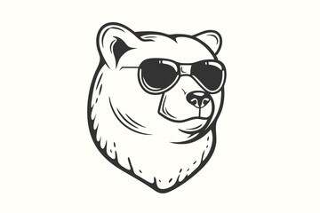 Cool bear with sunglasses showing stylish monochrome head shot on a light background