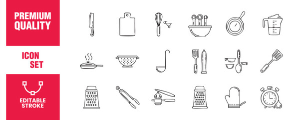 This icon set showcases a collection of essential kitchen tools and utensils, such as knives, cutting boards, pans, and graters, ideal for culinary designs and recipe illustrations