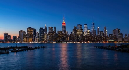 Fototapeta premium New York City Skyline at Dusk A Blend of Business, Technology, Nature, and Lifestyle - Travel and Fashion Inspiration