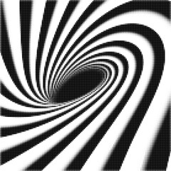Abstract black and white halftone swirl. Optical illusion vortex with curved dynamic lines, retro op-art style background.
