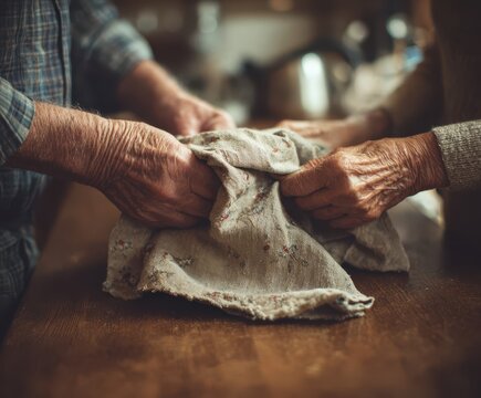 Three generations baking cookies concept. Hands of two elderly people holding a cloth, symbolizing connection and care. - Powered by Adobe