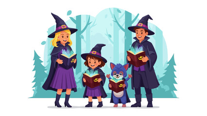 Mystical Halloween Gathering: A magical family of witches and their furry friend conjures up enchanting spells, creating a whimsical scene filled with books and the essence of Halloween!