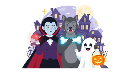 Enchanting Halloween Gathering: A festive Halloween scene features a charming vampire, a whimsical werewolf, and a friendly ghost, all smiles.