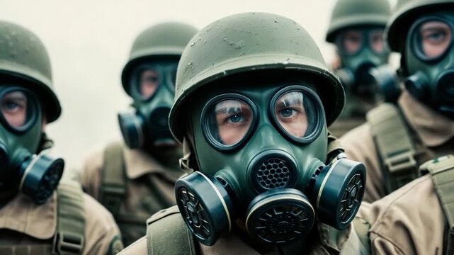 Group of soldiers wearing gas masks, ready for action
