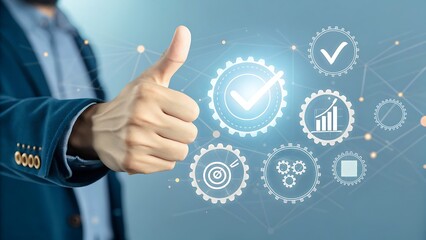 Businessman showing thumbs up with virtual screen icons for quality assurance, guarantee, standards, iso certification and service concept