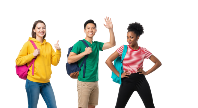 Smiling Students with Backpacks on White Background