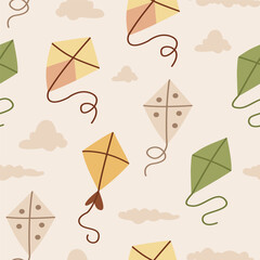 Kite Seamless Pattern with Strings, Tails and Sky Elements