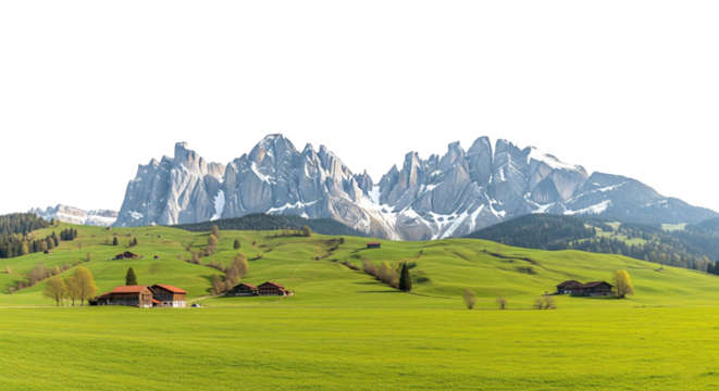 Alpine Village with Mountain Peaks and Green Meadow
