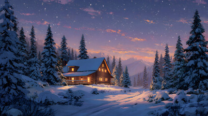 Stunning winter night landscape with cozy log cabin nestled among snow-covered pines under a starry sky, perfect for holiday promotions and seasonal campaigns