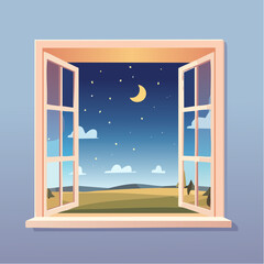 Night sky in window frame. Interior element icon