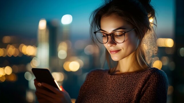 Smiling female with glasses using her smartphone at dusk against a blurred city skyline at night