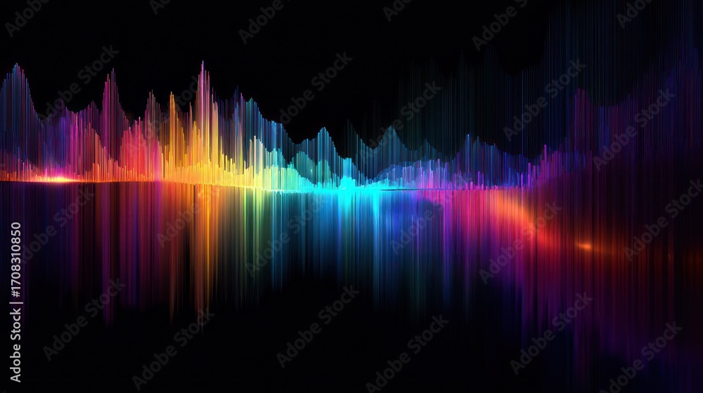 Poster vibrant sonic spectrum: an artistic rendering of sound waves, exploding with a spectrum of radiant c