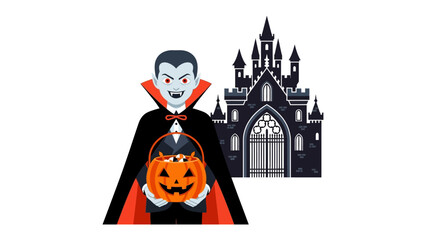 Spooky Dracula with Castle : A dracula stands menacingly in front of a castle, clutching a carved pumpkin filled with candies, as a chillingly festive symbol of Halloween.