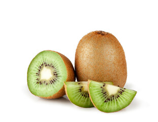 Kiwi fruit and slices isolated on a white background, contour