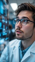 Young man in glasses and lab coat examining digital screen data analysis
