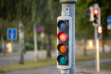 Red Light Illuminated on a Traffic Signal for Both Vehicles and Bicycles on a Street