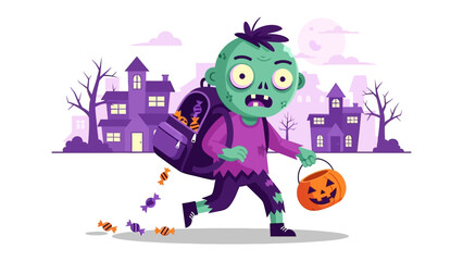 Spooky Halloween Scene: A young, cartoonish zombie gleefully navigates a neighborhood lane with a jack-o'-lantern bucket and treats, capturing the eerie essence of a Halloween night. 