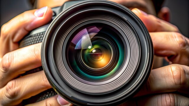 Photographer holding camera lens with colorful reflections.
