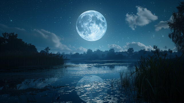 Serene Night Landscape with a Full Moon Casting a Silvery Glow, Tranquil and Photorealistic Scene