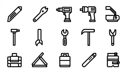 Set of 16 black line icons depicting various hand tools