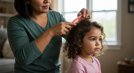 A mother carefully combs her daughter's curly hair in a domestic setting, showcasing a moment of nurturing and care.