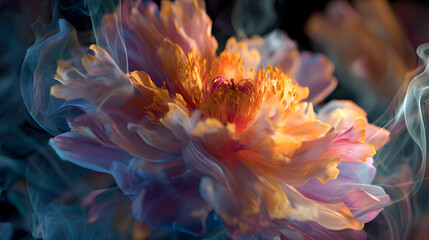 Obraz premium Vibrant abstract peony bloom with ethereal smoke tendrils, captivating macro detail, and glowing warm hues create a dreamlike, artistic centerpiece.