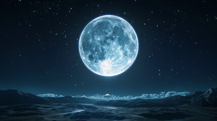 Serene Night Landscape with a Full Moon Casting a Silvery Glow, Tranquil and Photorealistic Scene