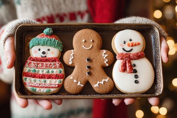 Three generations baking cookies concept. Festive cookies shaped as a snowman, gingerbread man, and bundled snowperson in a decorative tray.