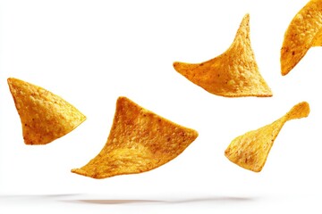 Tortilla chips in mid-air against white background