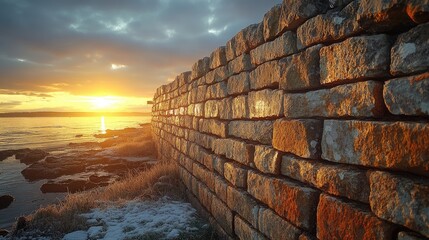 Ancient stone wall at sunrise overlooking frozen coast