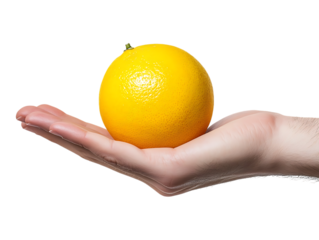 Hand holding a bright yellow orange isolated on transparent background