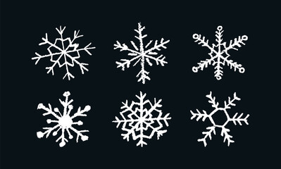 Christmas snowflake set with wax white crayon or charcoal texture. Quirky chalkboard style, perfect for kindergarten Xmas crafts, cards and holiday designs. Vector illustration drawn as if by a child