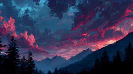 Dramatic sunset paints vibrant pink and blue clouds over silhouetted pine trees and majestic mountain peaks
