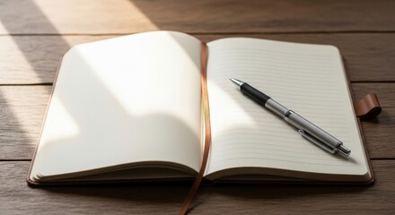 Open notebook with empty pages and silver pen on wooden table, perfect for creativity and notes