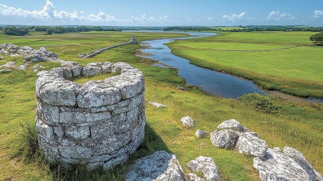 Ancient stone tower overlooking grassy valley and river