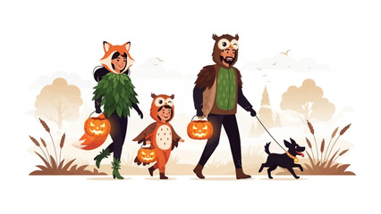 Spooky Family Walk: A family dressed in whimsical costumes strolls along a pathway, carrying festive pumpkin buckets and a happy dog. capturing the fun of a Halloween season. 