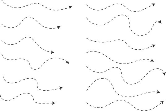 Long dotted line arrow set. Curved dashed outline arrows collection. Long squiggle curved dotted live arrow 